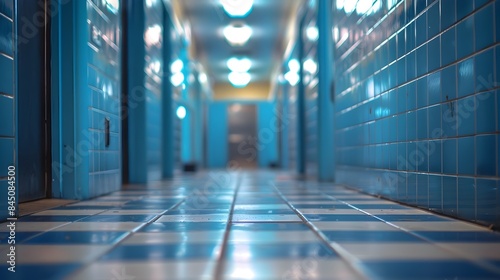 Minimalist Tiled Hallway with Blurred Background and Room for Text