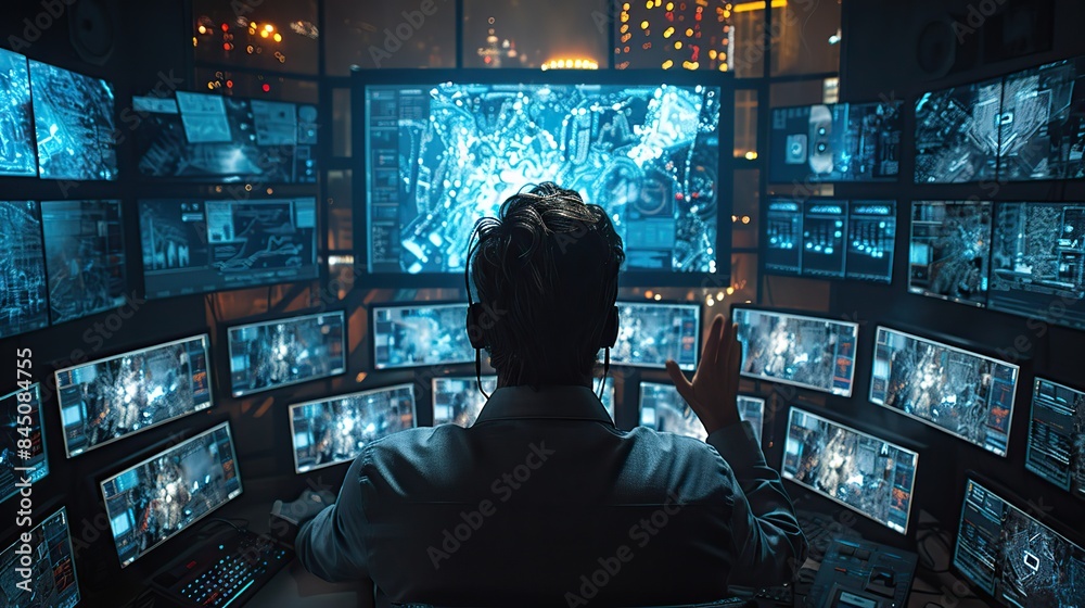 A cybersecurity expert monitors network traffic on a large-screen computer utilizing information technology and technology. A cybersecurity expert monitors network traffic on a large-screen computer utilizing information technology and technology.