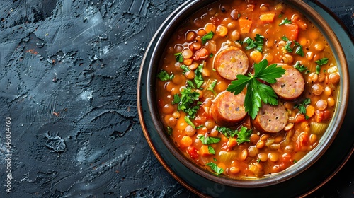 Close-up of Hearty German Lentil Soup with Sausage Slices in a Bowl
