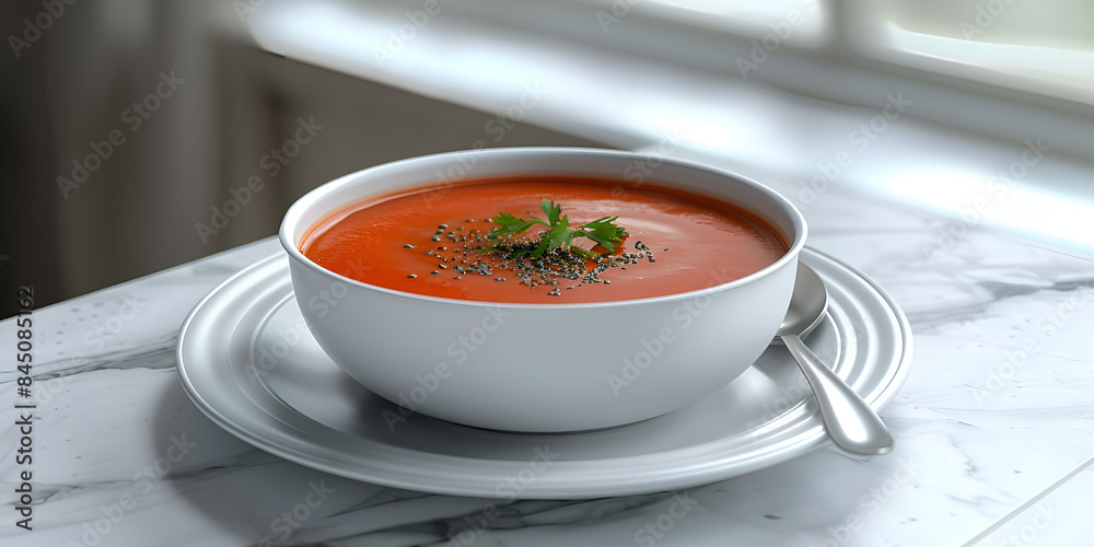 A bowl of tomato soup on a marble table, garnished with a sprig of basil. A bowl of tomato soup on a marble table, garnished with a sprig of basil.