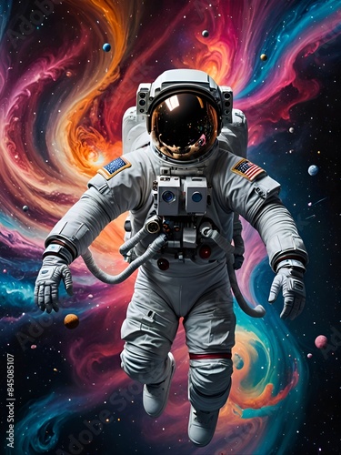 A lost and confused astronaut floating in zero gravity within a galaxy of whirling colors, generative AI  photo