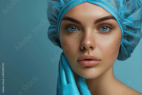 Woman in a Blue Surgical Cap and Gloves