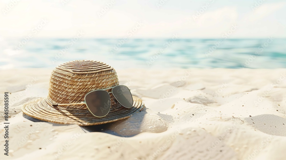Hat and Sunglasses on Sand Beach - Summer Travel Happy Hat and Sunglasses on Sand Beach - Summer Travel Happy