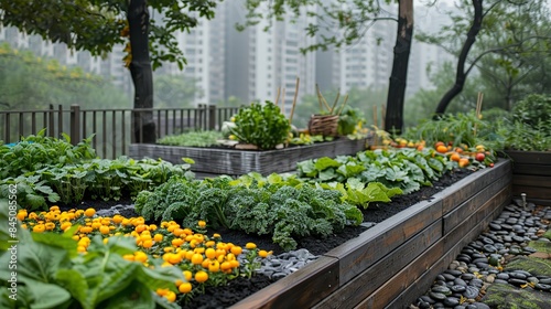 A detailed image of a rooftop garden, brimming with diverse plant life and vegetables, embodies the principles of urban agriculture, effectively mitigating the urban heat island effect—a testament to 