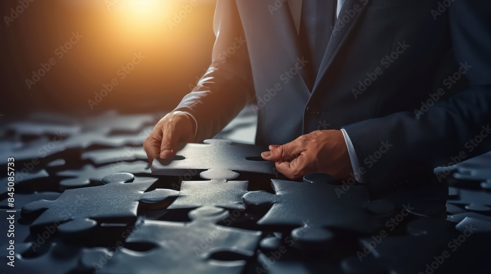 Close-up image of a businessman in a suit solving a jigsaw puzzle under dramatic lighting, symbolizing problem-solving and strategy Close-up image of a businessman in a suit solving a jigsaw puzzle under dramatic lighting, symbolizing problem-solving and strategy