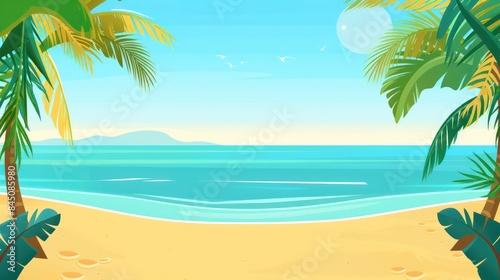 Digital illustration of a serene tropical beach with clear blue skies  palm trees  and calm seas capturing a perfect holiday scene