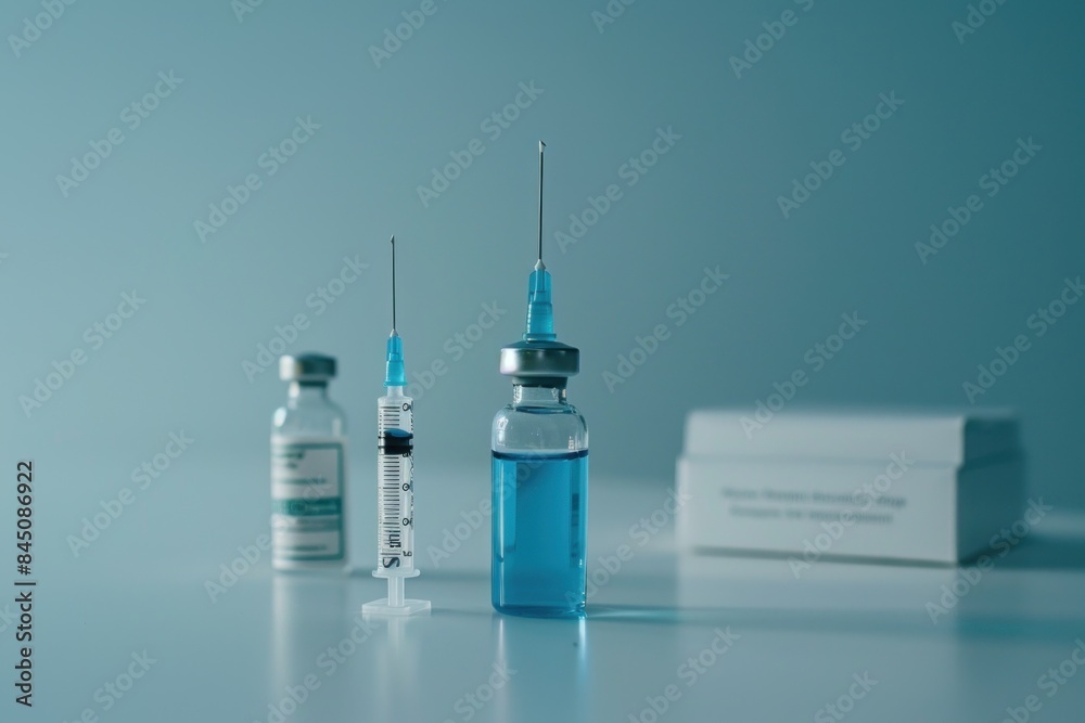 Vaccines and Syringes on a White Surface with Blue Background Vaccines and Syringes on a White Surface with Blue Background