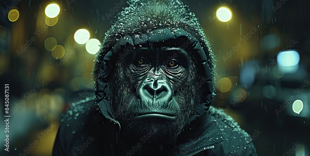 Φωτογραφία Charismatic humanlike gorilla monkey clad in a black hooded jacket stands tall in a dimly lit urban underbelly, emanating an enigmatic retro vibe
