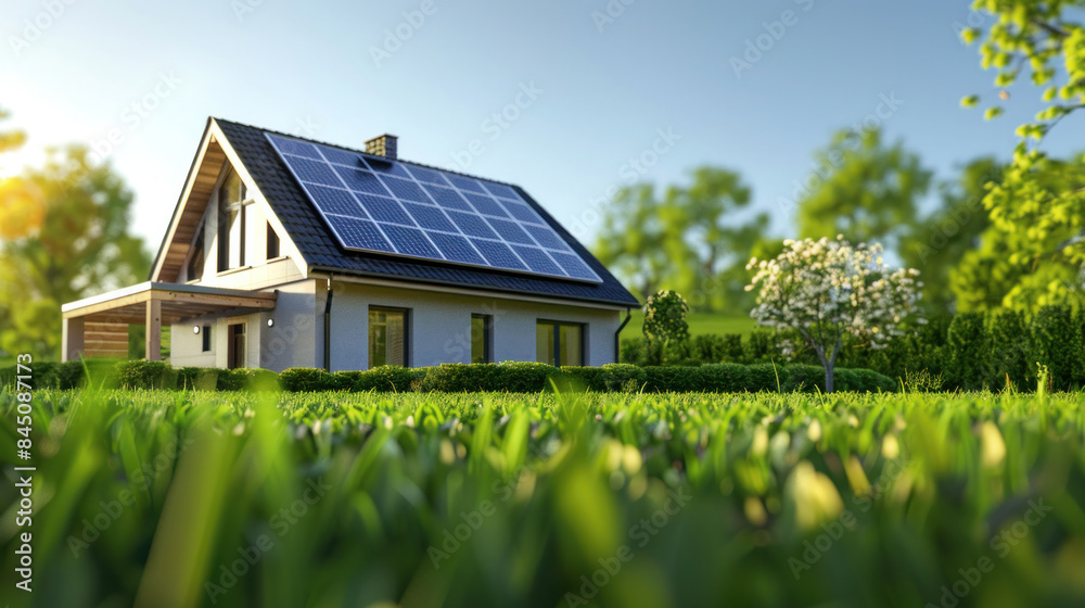 Clean energy innovation with advanced battery backup solutions empowers households to reduce carbon dioxide emissions, Solar panels on the roof. Clean energy innovation with advanced battery backup solutions empowers households to reduce carbon dioxide emissions, Solar panels on the roof.