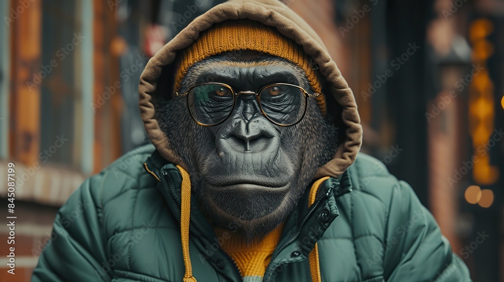 In a retro-urban downtown setting, an anthropomorphic gorilla monkey, adorned in a verdant hoodie, exudes a charismatic human attitude. In a retro-urban downtown setting, an anthropomorphic gorilla monkey, adorned in a verdant hoodie, exudes a charismatic human attitude.