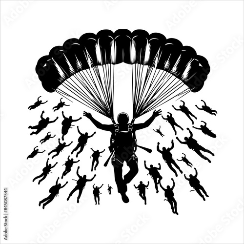 Skydiving Silhouettes, Skydiver, silhouettes parachuting vector illustration.