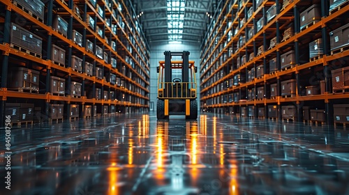 Automated forklifts perform storage operations within a warehouse utilizing machine learning, artificial intelligence, and automation robotics, optimizing industrial logistics processes. photo