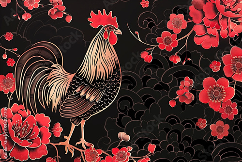 coq majestueux entouré de fleurs rouges éclatantes sur un fond noir richement orné de motifs nuageux dorés, année du coq astrologie zodiaque Nouvel An chinois Têt photo