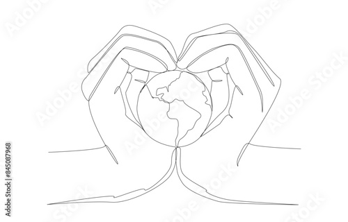 Continuous one line drawing of hands form heart shape to hold globe, environmentally friendly or save our planet concept, single line art.