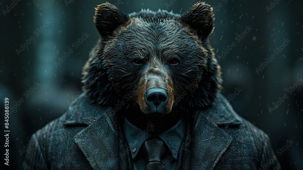 Φωτογραφία Anthropomorphic black bear, fashionably attired in a sleek suit and tie, poses with charisma in a portrait showcasing its human-like qualities through generative AI