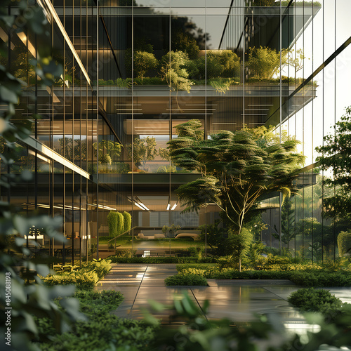 Architecture image with a modern glass building with a lot of green plants trees and bushes for business architecture environmental friendly .