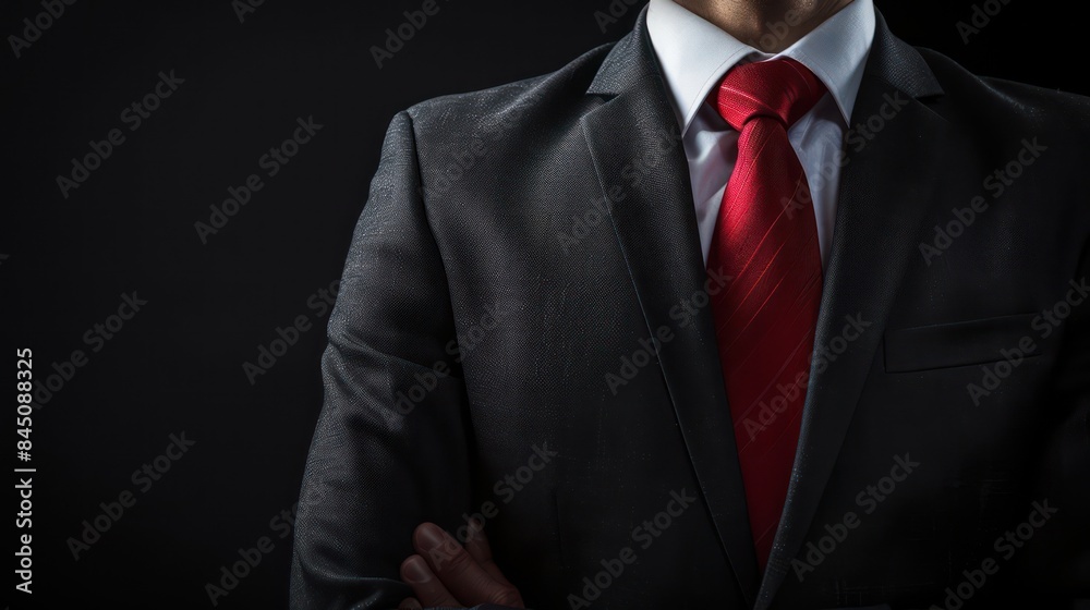 Close-up of a man in a dark suit, white shirt, and vibrant red tie against a black background, suggesting a business theme Close-up of a man in a dark suit, white shirt, and vibrant red tie against a black background, suggesting a business theme