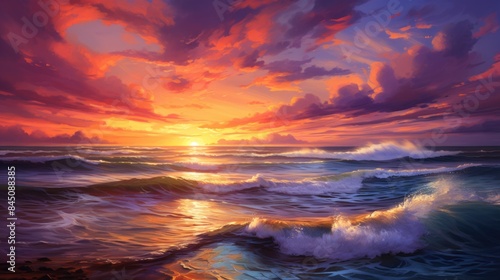 Tranquil Sunset Serenity: Stunning Realistic Ocean View with Vibrant Warm Colors in Pink, Orange, and Purple Hues