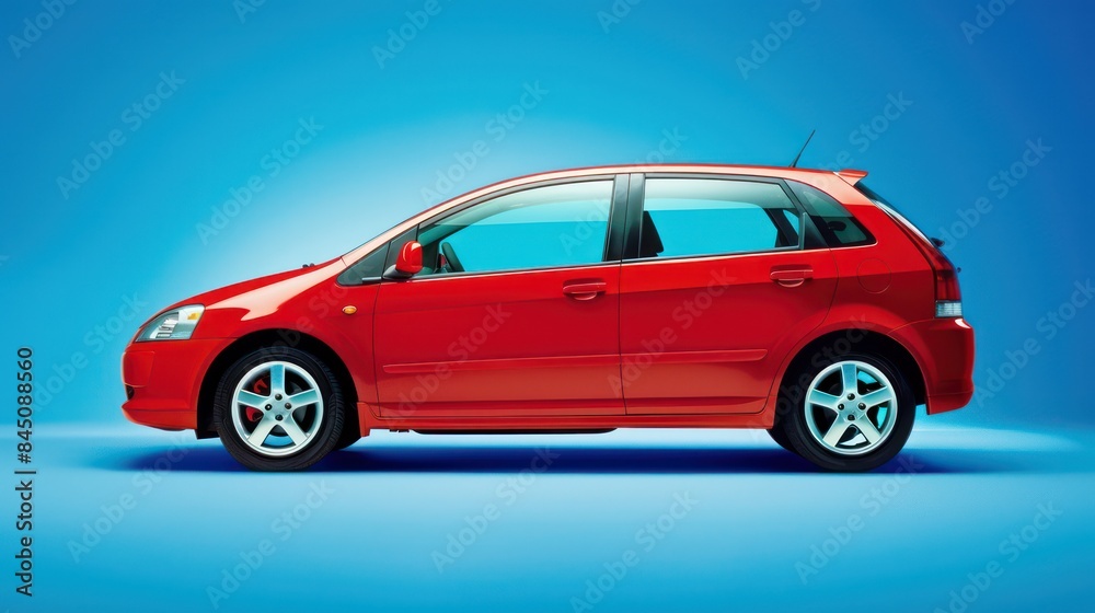 Side profile of a bright red hatchback car against a vibrant blue backdrop, wheels visible, sleek design evident Side profile of a bright red hatchback car against a vibrant blue backdrop, wheels visible, sleek design evident
