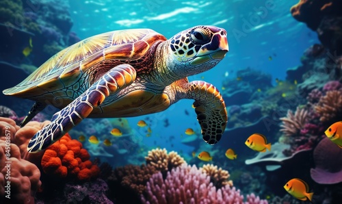Tranquil Underwater Harmony  Sea Turtle Gliding Through Vibrant Coral Reefs and Colorful Fish in Crystal Clear Waters