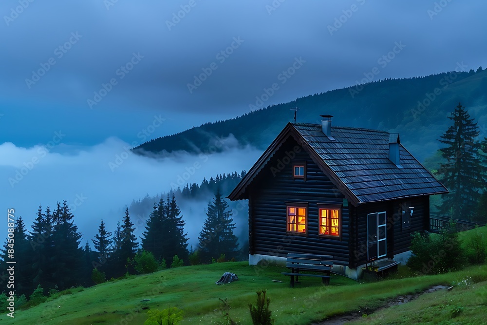 black wooden cabin with foggy mountain view evening at blue hour