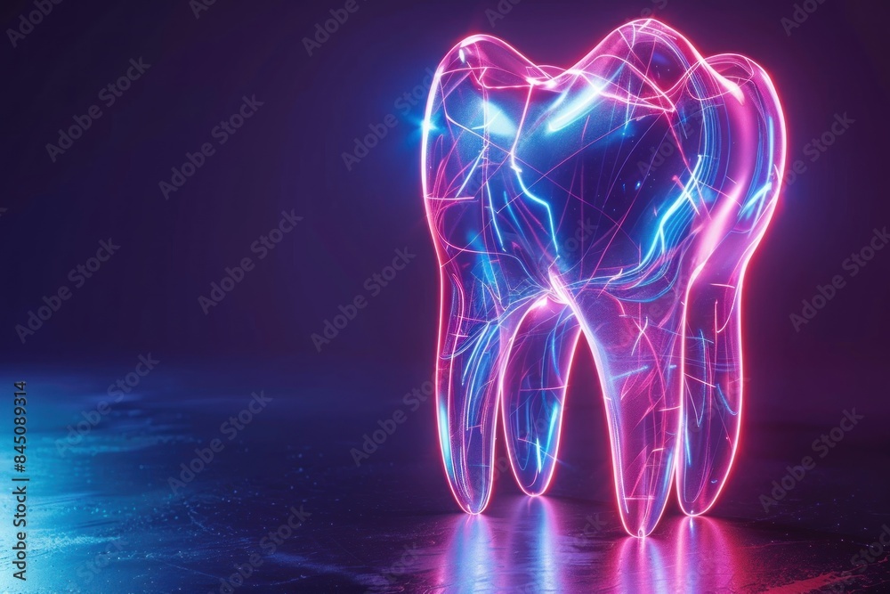 Neon Glowing Tooth 3D Illustration Neon Glowing Tooth 3D Illustration