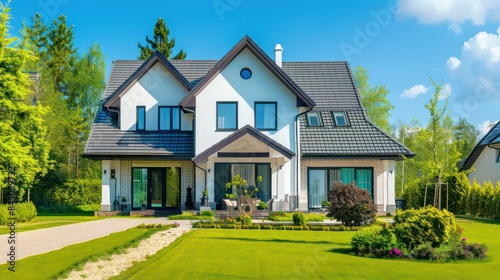 This image features an elegant two-story house with a well-manicured lawn  vibrant landscaping  and clear blue sky in the background