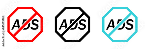 No ads. Ads blocker icon set with red, black, and blue color. Ad block symbol. Skip ads, free, advertisement, use for apps, red, black, blue crossed circle.