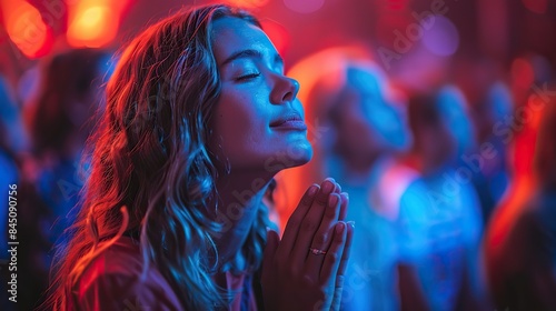 A congregation engaged in prayer at a church gathering, with a blurred background and ample copy space.