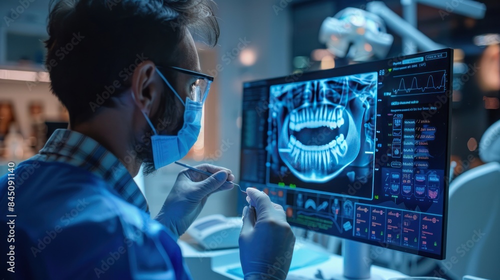Dentist Examining X-Ray in Modern Clinic Dentist Examining X-Ray in Modern Clinic