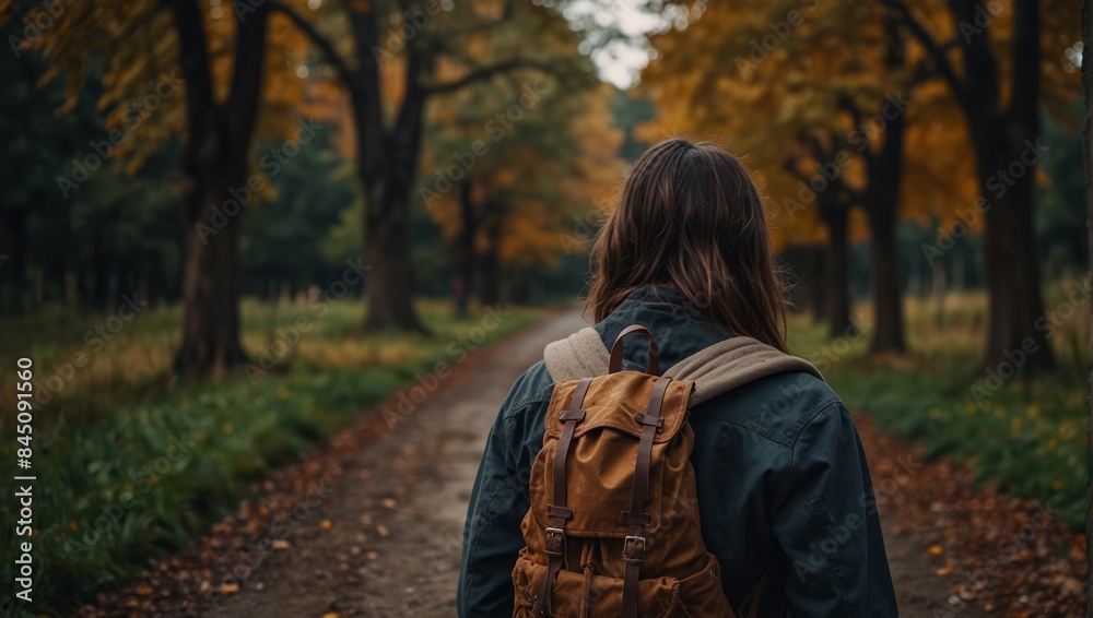 Close up backpack of woman backpacker standing on countryside road with tree in autumn fall seasonal,Alone travel or single traveller concept. Close up backpack of woman backpacker standing on countryside road with tree in autumn fall seasonal,Alone travel or single traveller concept.