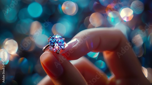 A woman's hand holding a sparkling neon color diamond ring.