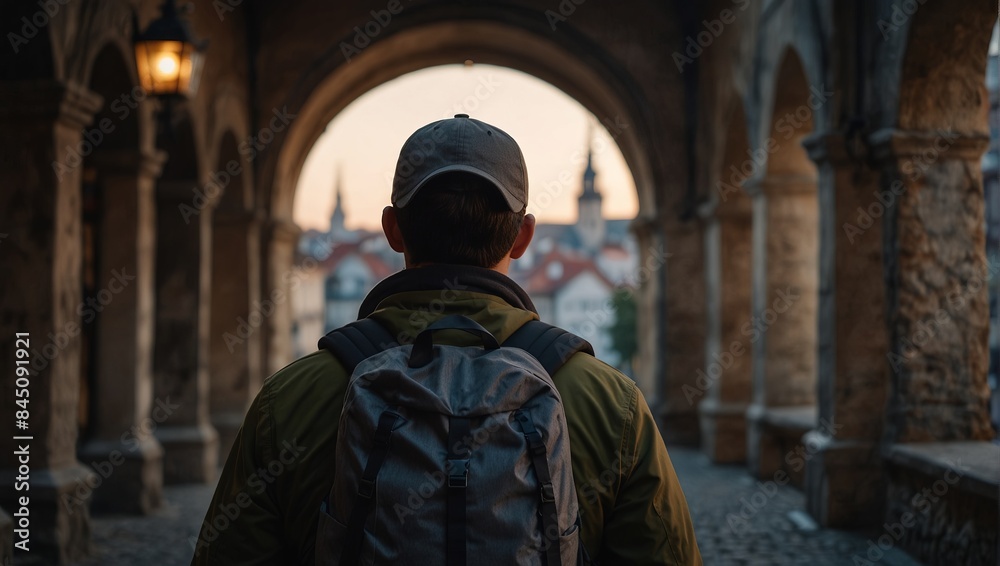rearview backpacker traveller male man looking at old tradition architecture old town in europe sunrise vlog male travel influencer walking in old town famous travel tour destination.