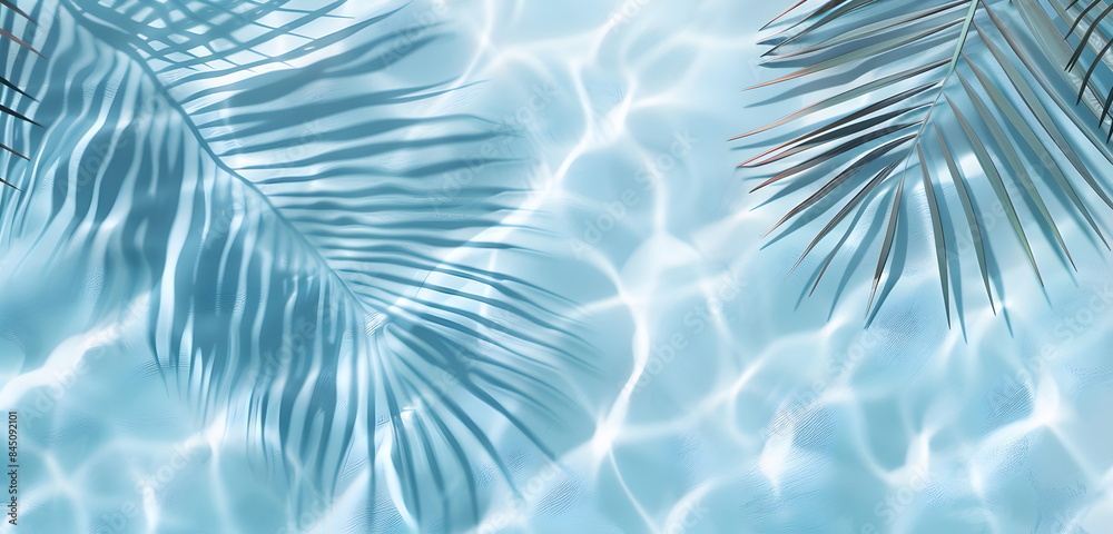 palm leaf shadow on abstract transparent blue water wave from above, empty sunny beach background concept for travel, vacation and beauty care with copy space