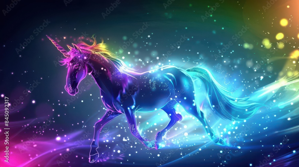 Fototapeta premium A majestic unicorn charges through a field of stars, its horn glowing with power. The unicorn's mane and tail are a rainbow of colors, and its eyes are bright with intelligence.