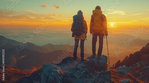 Atop soaring peaks, a pair of hikers bask in the golden glow of sunset or sunrise. Their footsteps echo the rhythm of their triumph, a testament to their adventure, camaraderie, and the liberating emb photo
