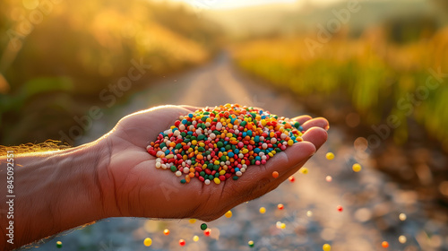  Close-up of a hand holding a pile of colorful fertilizer pellets © Katrin_Primak