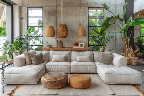 Spacious living room with minimalist design featuring functional furniture, warm neutral palette, and abundant natural light. Polished concrete adds depth, emphasizing simplicity and tranquility in th