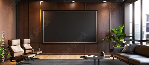 A modern office with a dark brown wall, displaying a single large empty black frame.