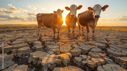 Parched cows wander a barren field beneath a relentless sun, their agony a reflection of the cracked earth and parched vegetation ravaged by drought and climate change, a poignant testament to the dev photo