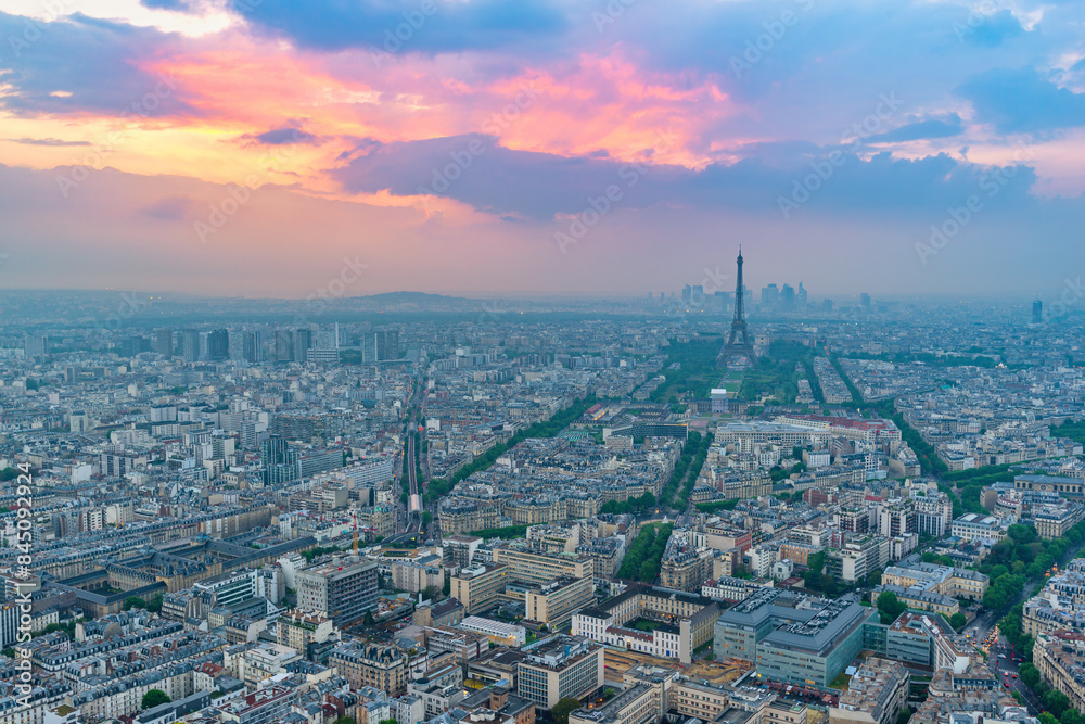 Paris France, high angle view sunset city skyline at Eiffel Tower view from Arc de Triomphe