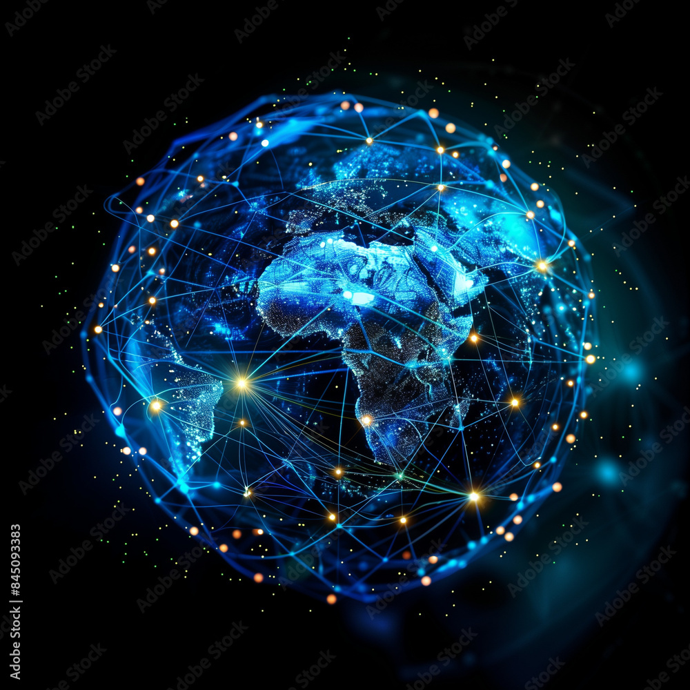 Obraz premium Eine Weltkugel mit digitalen Netzwerken und Verbindungen, die die globale Vernetzung und den Einfluss von KI auf die Weltwirtschaft symbolisieren. 