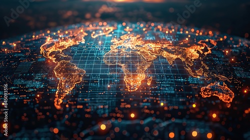 A digital map of Asia illustrates the global network and connectivity, showcasing high-speed data transfer and cyber technology, facilitating business exchange of information and telecommunications. © Sang