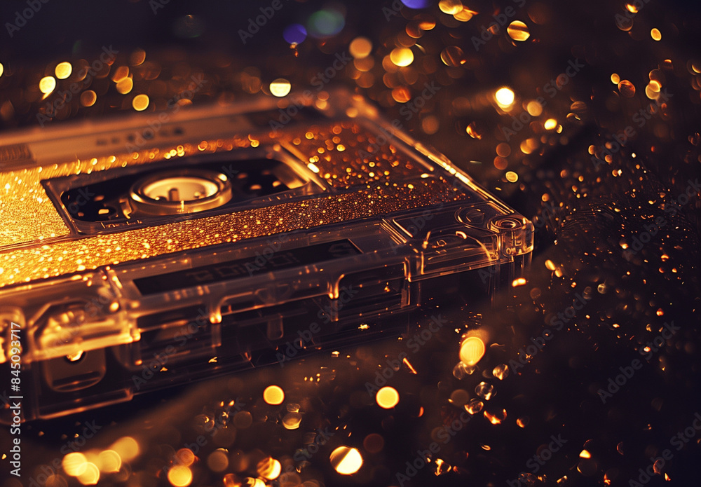 Photo of a tape cassette with tangled audio in the style of golden glitter Photo of a tape cassette with tangled audio in the style of golden glitter