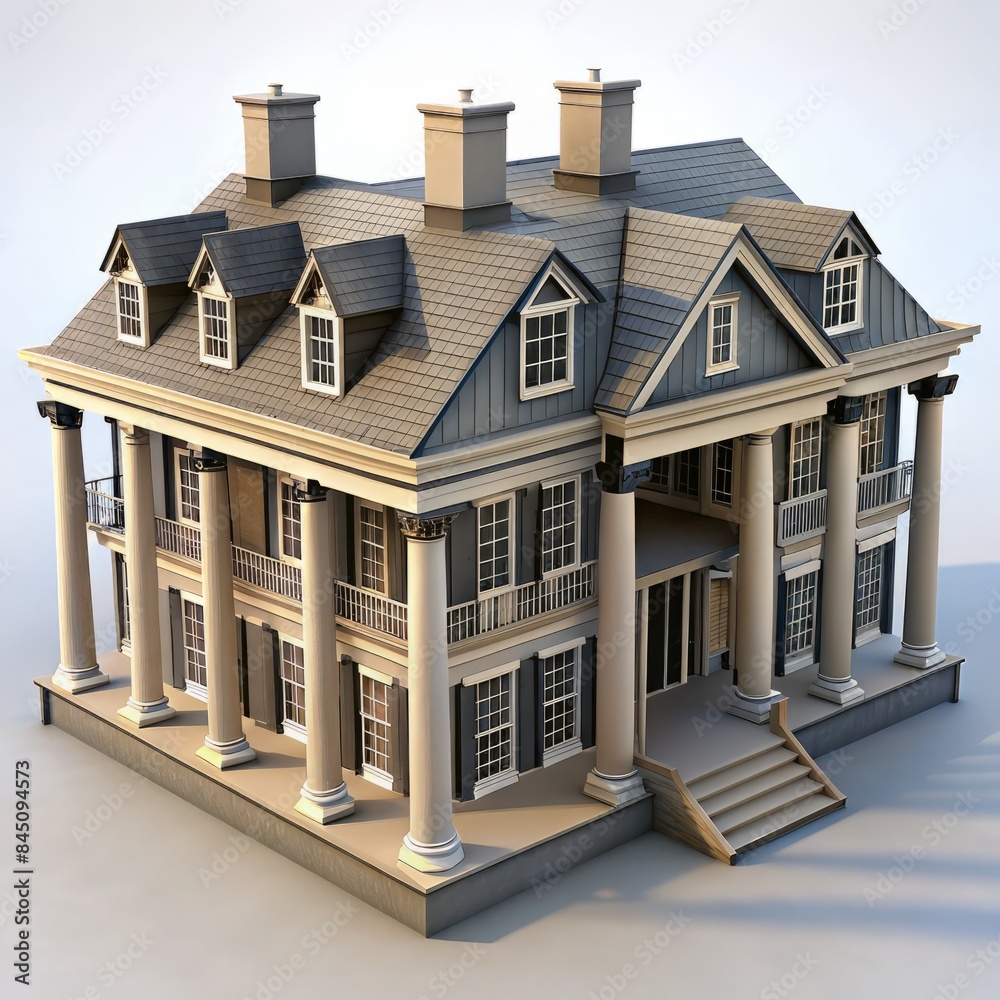 3D Render of a colonial plantation house, on isolated white background, Generative AI 3D Render of a colonial plantation house, on isolated white background, Generative AI