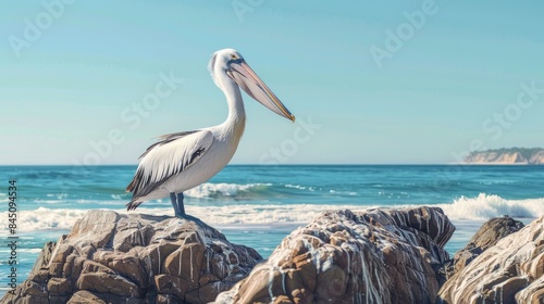 Pelican perched on rocks by the ocean under a clear blue sky