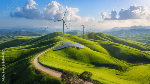 Wind turbines and solar panels on a rolling hillside under a bright blue sky. The landscape blends technology with nature