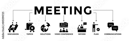 Meeting banner icons set for business meeting and discussion with glyph style icon of communications, topics, solutions, plan, inform and video conference
