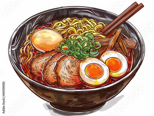 A detailed illustration of a bowl of ramen noodles, complete with eggs, scallions, and slices of meat, showcasing Japanese cuisine. photo