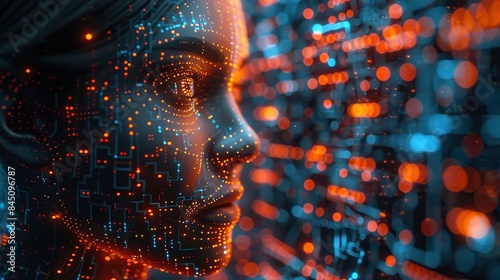 Concept of artificial intelligence, biotechnology innovation, robot progress, and machine learning, exemplified by an electronic human head integrated with circuits.